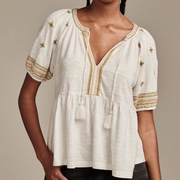 Lucky Brand Boho Embroidered Babydoll Top Size Large NWT - Picture 1 of 15